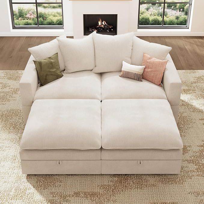 HONBAY Modular Sectional Sleeper Sofa, Corduroy 4 Seater Couch with Storage, Sectional Sleeper Couches for Living Room, Beige