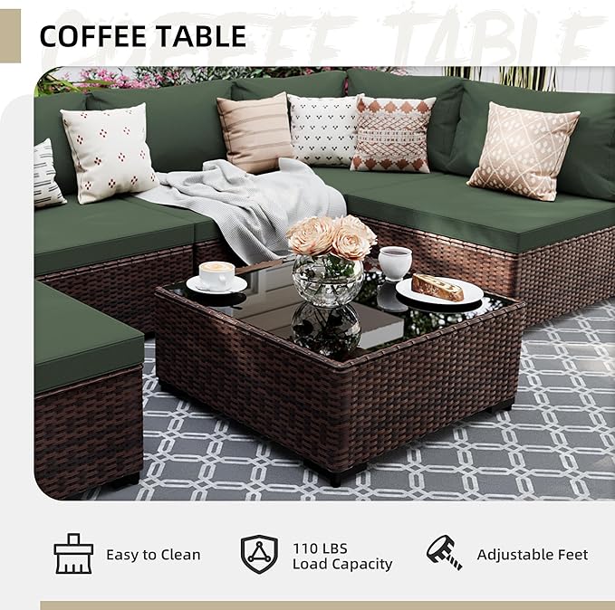UPHA 9 Pieces Patio Furniture Sets, Wicker Outdoor Sectional Sofa Couch with Round Propane Pit for Deck Backyard Garden, Brown Rattan, Pine Green Cushion