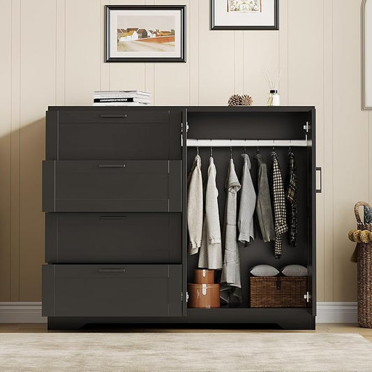 IDEALHOUSE 43.3'' H Armoire Wardrobe Closet with 4 Drawers and 2 Doors, Hanging Rod, Multifunctional Wooden Dresser with Storage Closet, Bathroom Cabinet for Bedroom, Black