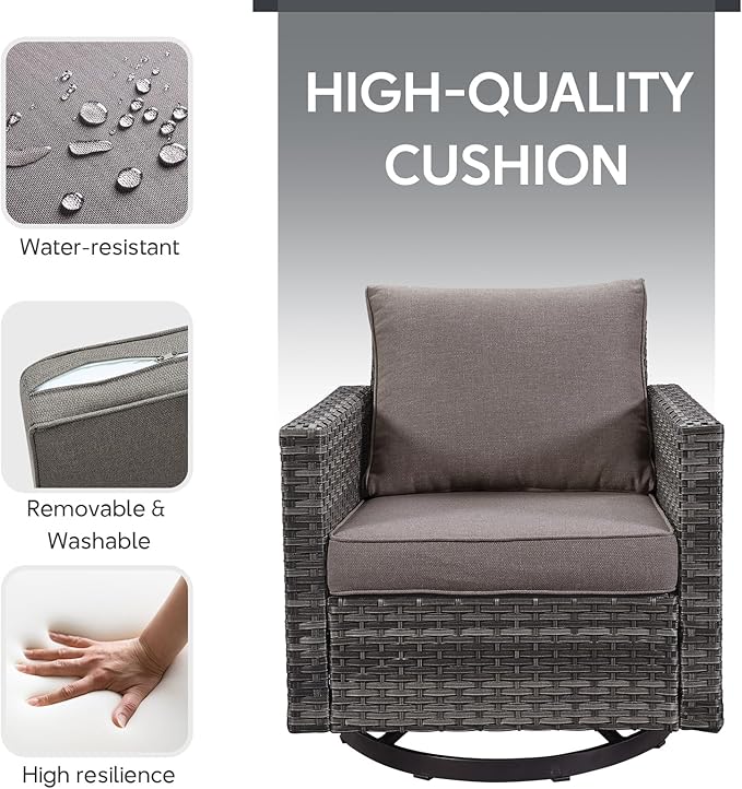7 Piece Wicker Patio Furniture Set - Outdoor Swivel Rocker Chairs Set with Coffee Table, Side Table, 3 Seat Sofa & Ottomans, Small Patio Conversation Sets for Balcony Deck - Grey/Grey
