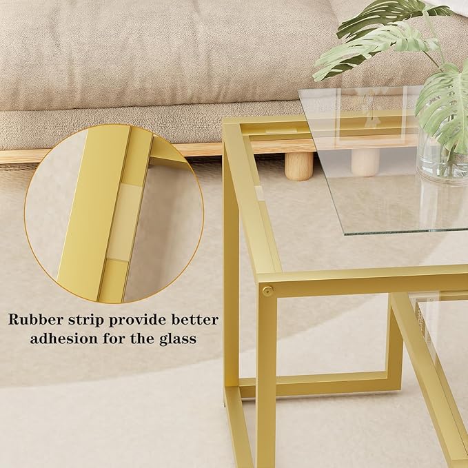 Coffee Table Gold Glass Coffee Table for Living Room,2 Tiers Rectangle Center Table with Sturdy Metal Frame,Modern Tempered Glass Accent Table for Bedroom Home Office