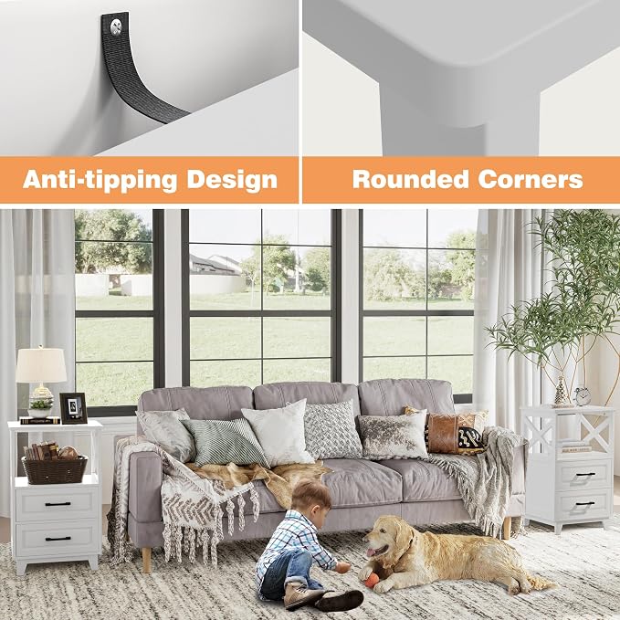 May in Color White Nightstand Set of 2, Tall Side Table, Farmhouse End Table with 2 Large Storage Drawers Cabinet, Wooden Rustic Bedside End Table for Bedroom, Home Office, White - Image 9