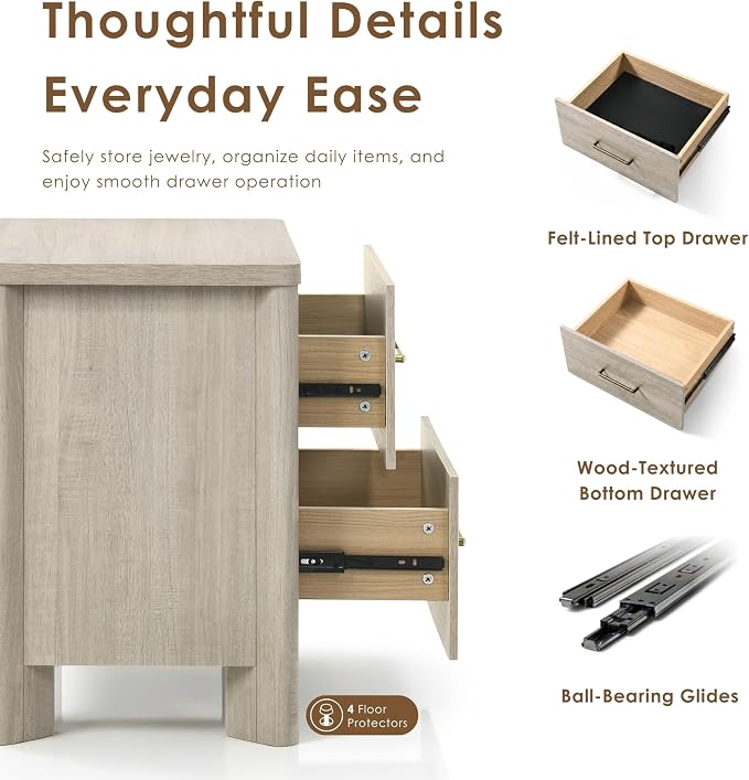24/7 Shop at Home Sawer Modern 23-inch Wood Nightstand Set of 2 with 2 Drawers and USB Ports, Wooden Night Stand for Bedroom, Apartment, Small Bedside Table, Cool Beige - Image 5