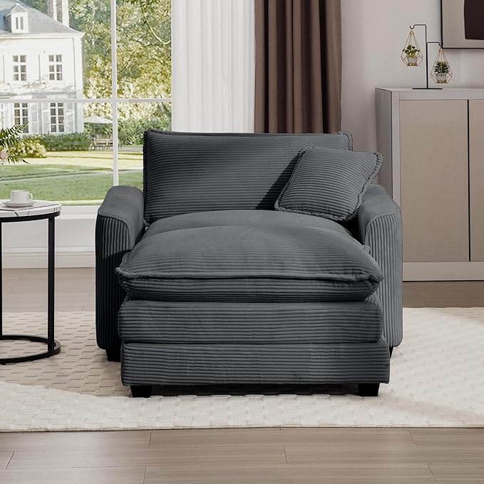 KEIKI 45" Oversized Corduroy Modular Sectional Single Sofa with 1 Ottoman, High-Density Foam Cushions, Removable Armrest, Upholstered 1-Seater Lounge Accent Chair with 1 Pillow, for Living Room, Grey