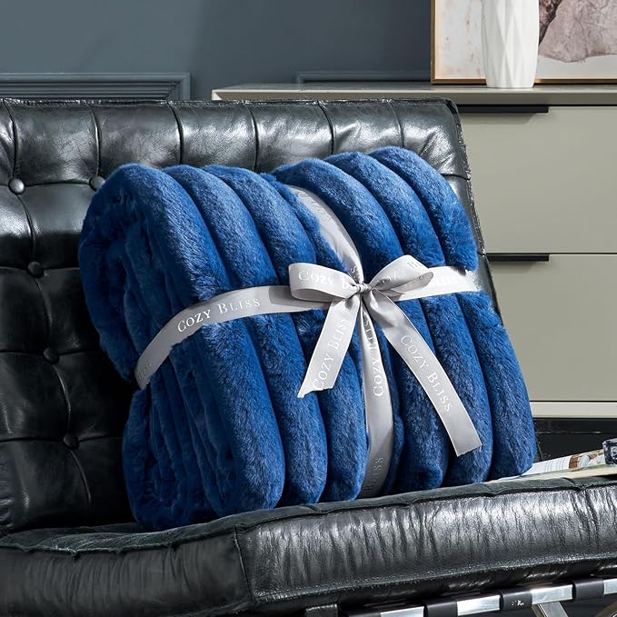 Cozy Bliss Faux Fur Throw Blanket for Couch, Cozy Warm Plush Striped Blanket for Sofa Bedroom Living Room, 108 * 90 Inches Navy Blue
