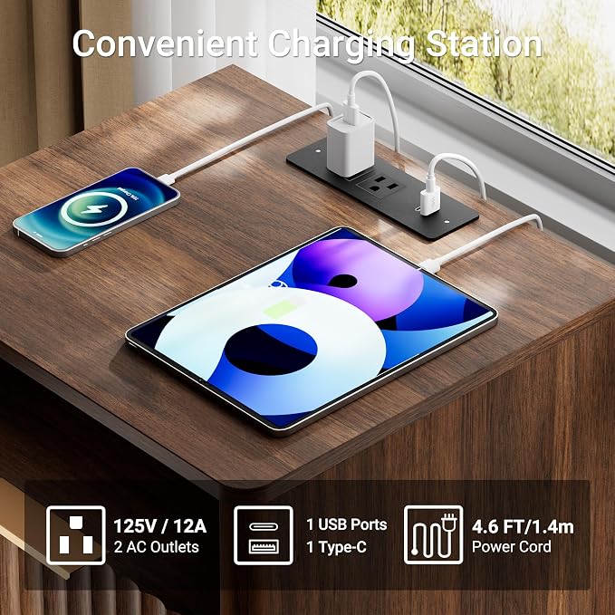 Fluted Nightstand, Walnut Night Stand, 2 Drawers Nightstand with Charging Station, Wooden End Table with Storage, Modern Bedside Table for Bedroom Sofa Home Office, Curved Corners Design - Image 3