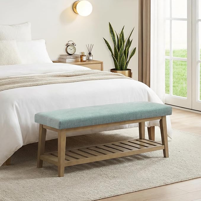 Entryway Bench with Cushion, Upholstered Shoe Rack Bench with Solid Wood Shelf, 44" End of Bed Bench for Bedroom, Chenille Fabric Storage Bench for Entryway, Hallway, Living Room (Teal) - Image 8