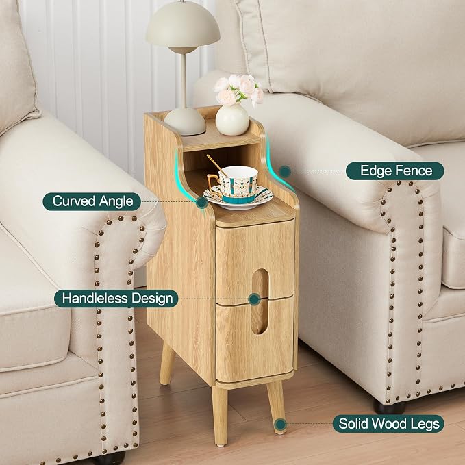 Small Nightstand Set of 2, Wood 2 Drawer Narrow Nightstand, Slim Side Table, Modern Skinny End Bedside Table, Natural Wood Night Stand with Drawers for Bedroom (Natural-2 pcs) - Image 9