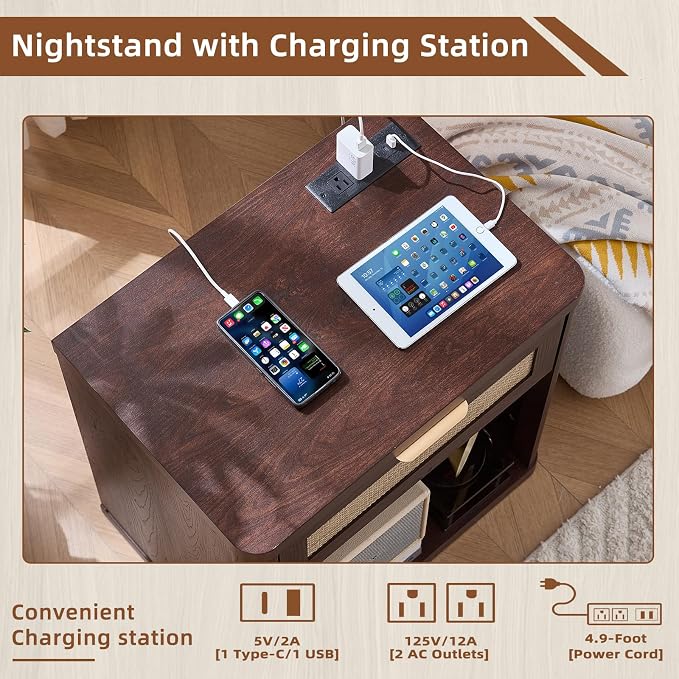 LEYAOYAO Rattan Nightstands Set of 2 with Charging Station, Walnut Night Stand with Drawer, 23" Wide Boho Bedside Table with Storage Shelf, Bed Side End Tables for Bedroom, Living Room, Hallway - Image 5