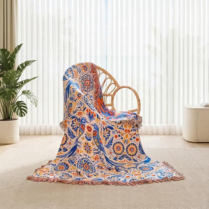 Boho Throw Blanket - 100% Cotton Ultra Soft Muslin Spring Blanket, 60"x80" Lightweight Floral Bird Framhouse Bedding Blanket for Bed, All Season Blue Bohemian Bedroom Home Decor Quilt
