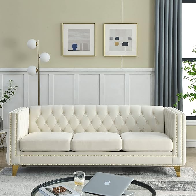 KEIKI Tufted Velvet 3+3 Seat Sofa Couch for Living Room, Buttons Tufted Square Arm Couch for Home Apartment, Beige