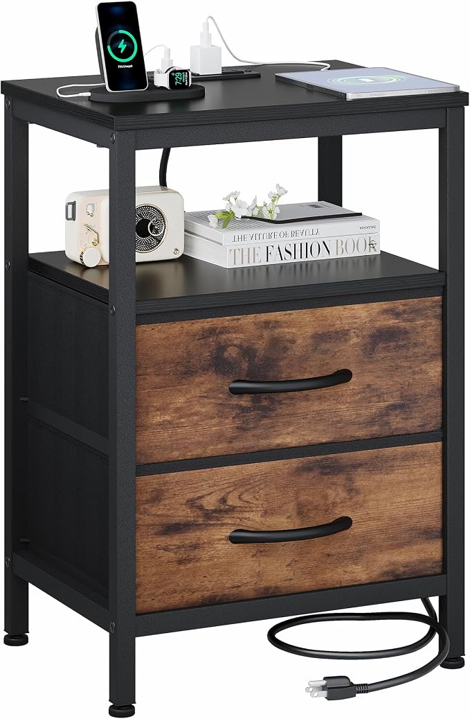 OLIXIS Nightstand with Charging Station, Bedside Table with USB Ports & Type-C, 2 Fabric Drawers Night Stand with Open Shelf, Compact End Table for Bedroom, Black & Rust by OLIXIS