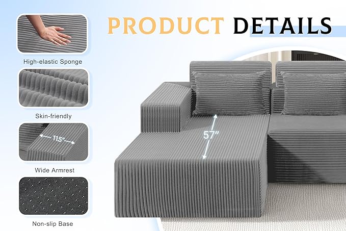 Homguava Modular Sectional Couches for Living Room,105" Cloud Couch with L-Shape Chaise,Comfy Sofa Living Room Sofas with Deep Seat,No Assembly L Couch,Corduroy Fabric(Light Grey,L)