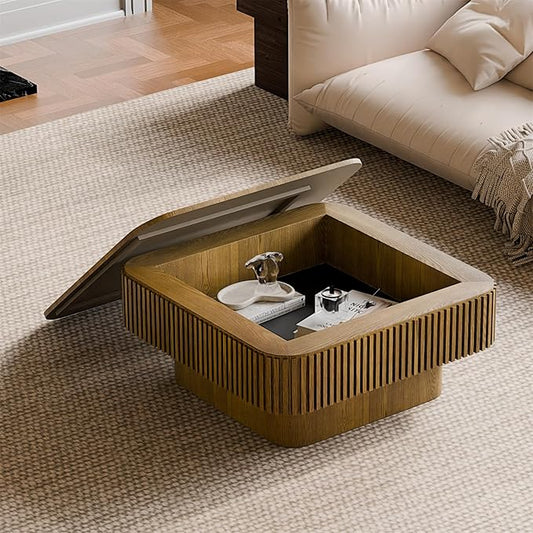 Square Coffee Table for Living Room,Fluted Drum Accent Tea Center Table with Storage,Solid Wood Modern Coffee Tables for Small Space Office Apartment (31.5" L×31.5''W×14''H-Brown)