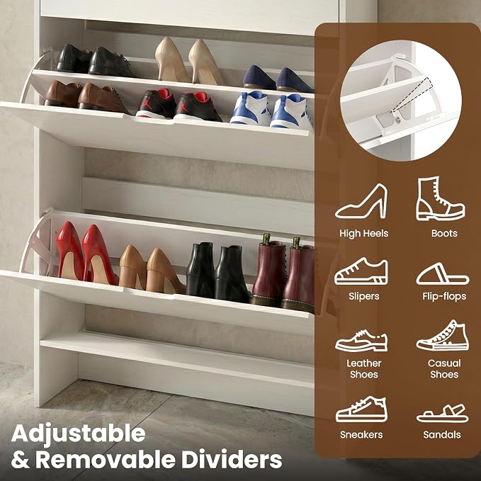 52" Tall Slim Shoe Cabinet, 3-Drawer Flip Down Hidden Shoe Storage with Top Fence & Open Bottom Shelf, Ultra-Thin Narrow Shoe Rack, White Wood Grain - Image 7