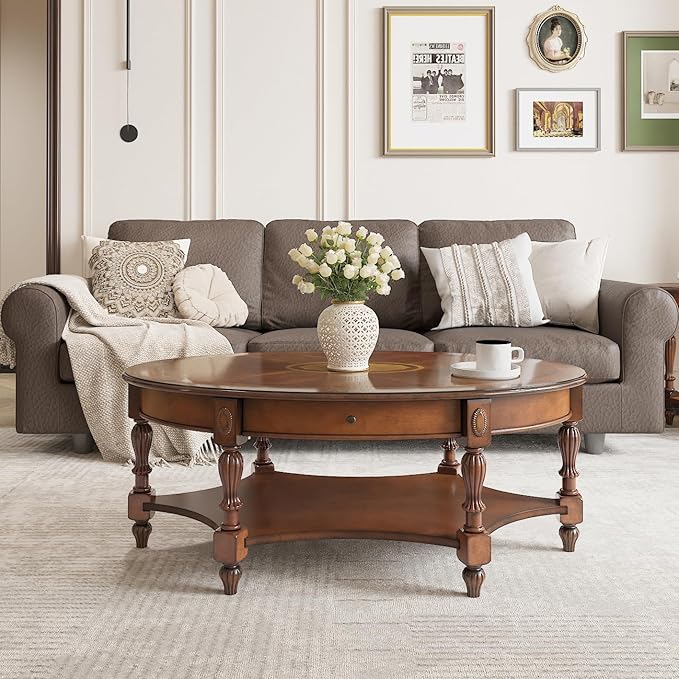 Solid Wood Coffee Table with Drawer and Storage Shelf, Oval Living Room Cocktail Tea Table, Traditional Center Table with Carvings Side Elegant Vintage 45”L x 27.6”Wx18.2”H Caramel Brown KFZ-1533-MG