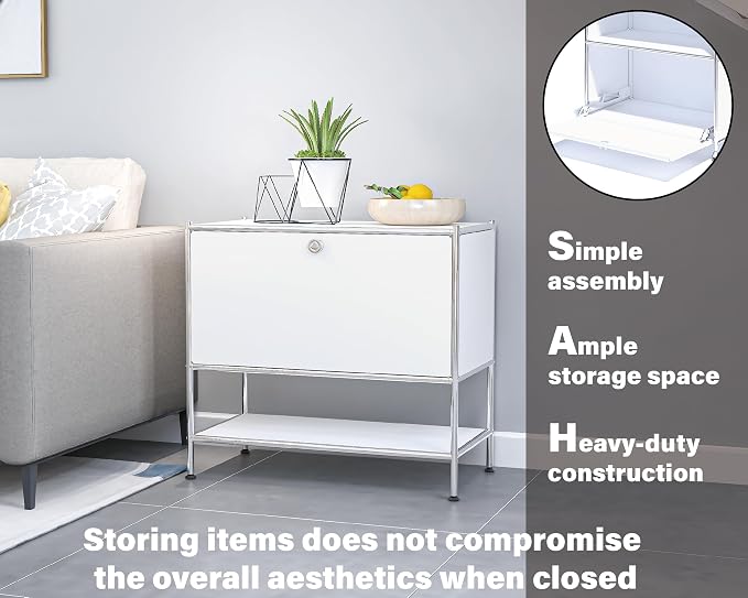 Metal Sidetable with Flap Door, 27.5" Height - DIY Modern Furnishing for Home, Office, Foyer, Bedroom - Night Stand, Book Shelf, Bookshelf, Cube Storage Organizer, Bedside Table (White) - Image 5