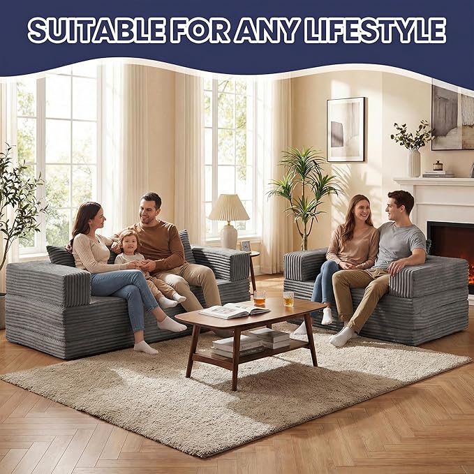 Convertible Sofa Bed Couch, 78’’ Oversized 4-in-1 Boneless Couches with Removable Armrests Backrest, Corduroy Futon Sofa Bed, Foldable Mattress Sleeper Sofa for Living Room Bedroom (Grey)