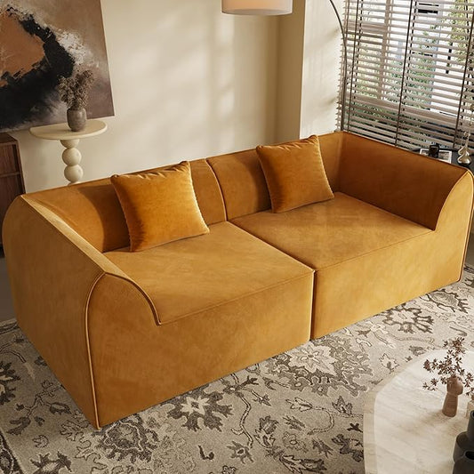 KEIKI 98.43'' Sofa Bed with Rectangle Pillow & Cushions, 2-Seater Convertible Chair, Folding Memory Foam Floor Couch & Sleeping Mattress, Modern Fabric Sleeper Sofa for Bedroom & Living Room,Orange
