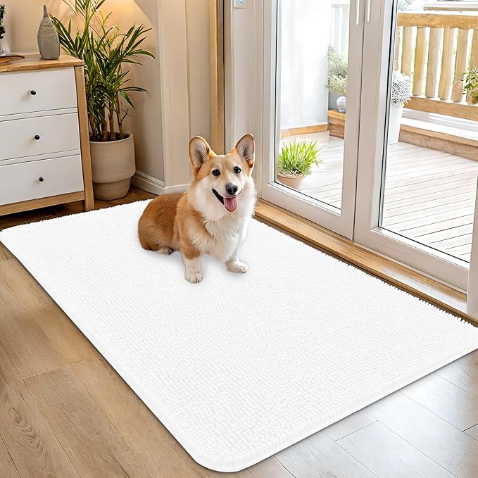 OLANLY Dog Door Mat for Muddy Paws 45x27, Absorbs Moisture and Dirt, Absorbent Non-Slip Washable Doormat, Quick Dry Chenille Mud Mat for Dogs, Entry Indoor Entryway Carpet for Inside Floor, White by OLANLY