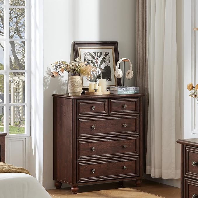 RWYHG Farmhouse 5 Drawer Dresser Set of 2 for Bedroom, 35.5" Walnut Tall Small Dressers & Chest of Drawers, Rustic Wood Dresser with Roman Column, Storage Organizer for Living Room, Hallway, Closet - Image 6