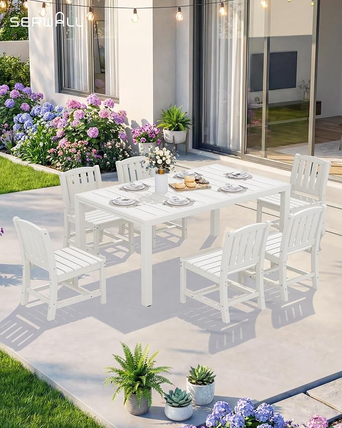 SERWALL 7-Piece Outdoor Dining Set, 60" - 83" Expandable Outdoor Dining Table and 6 HDPE Chairs, All Weather HDPE Outdoor Furniture Set for Backyard, Garden, White - Image 9