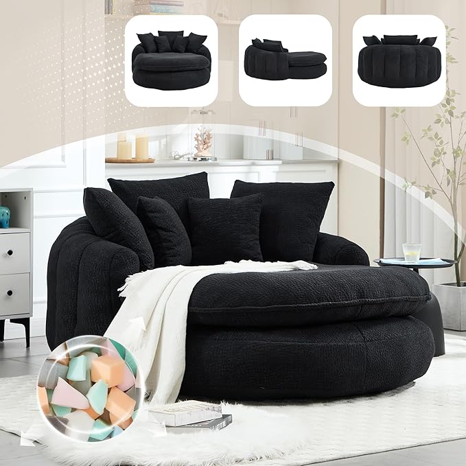 KEIKI 71" Chenille Round Boneless Sofa Couch, Oversized Chaise Lounge Chair Couches Indoor, No Assembly Required Floor Lazy Bean Bag, Modern Sleeper Sofa Bed for Living Guest Room & Bedroom, Black