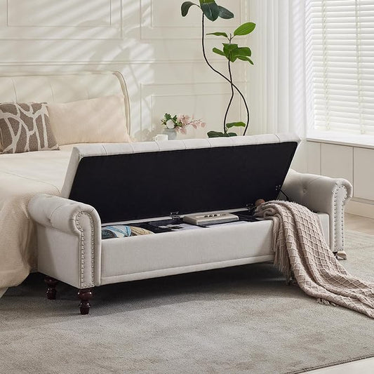 SOFTHION Storage Bench for Bedroom, 67" End of Bed Storage Bench King Size, Upholstered Linen Storage Ottoman with Tufted Cushioned Rolled Arm Large Storage Space for Living Room Entryway, Beige by SofthionDesign