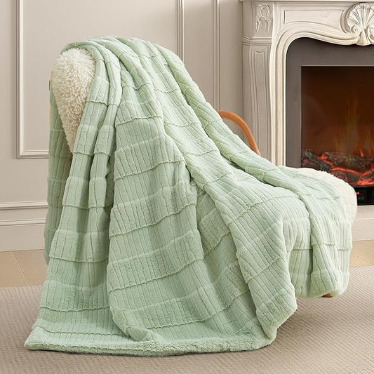Amélie Home Luxury Striped Faux Fur Throw Blanket for Couch, Soft Cozy Fuzzy Fluffy Soft Plush Blankets Sofa Chair Gift Blankets for Women, 60"x80", Sage Green