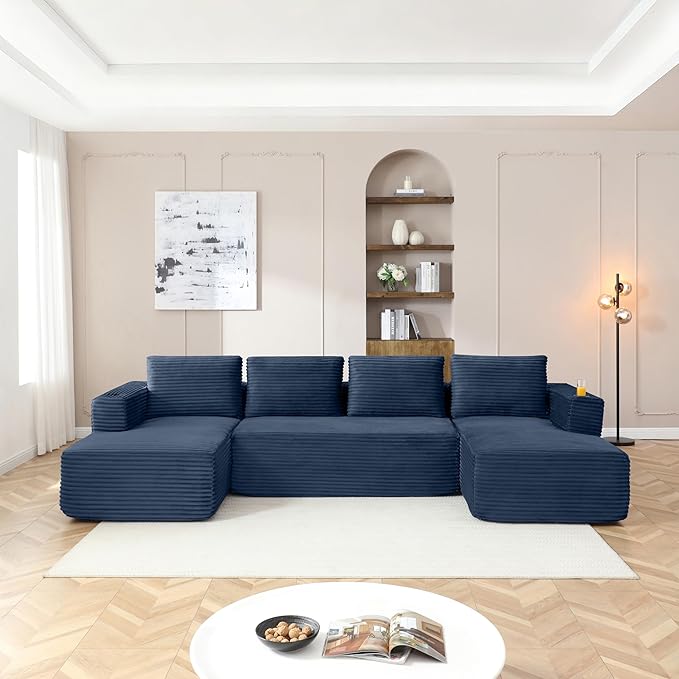 132-Inch U-Shaped Cloud Sectional Couch, Symmetrical Modular Compressed Boneless Sectional Sofa with Chaise Lounges, Plush Corduroy Boneless Corner Sofa W/Cupholders