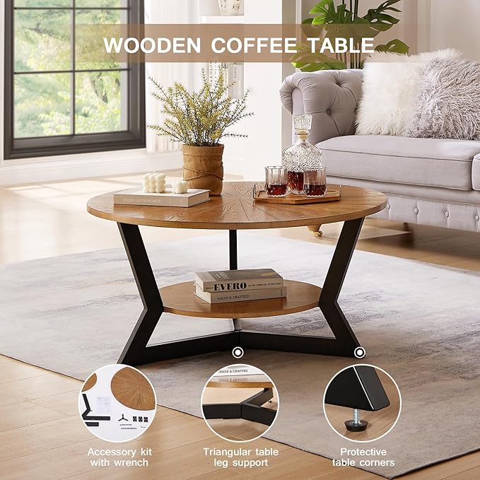 Round Coffee Table, Wood Circle Coffee Table with 2-Tier Storage, Center Table for Living Room Bedroom Office Apartment, Easy Assembly, 35'x 18' Inches, Espresso
