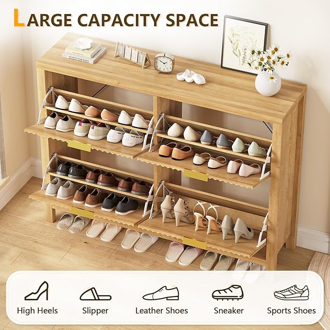 YOMILUVE Shoe Cabinet Storage for Entryway, Fluted Shoe Cabinet with 4 Flip Drawers, Hidden Shoe Rack Freestanding Wooden Shoe Organizer with Legs for Hallway, Oak - Image 5
