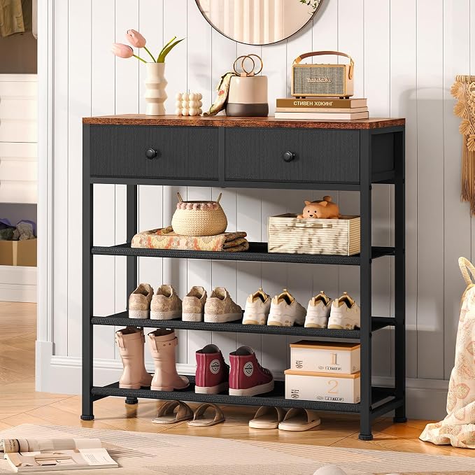 usikey Shoe Rack, 4 Tier Shoe Storage Organizer with 2 Drawers, Metal Shoe Shelf for 9-12 Pairs of Shoes, with 3 Oxford Fabric Shelves and Wooden Top, Shoe Stand for Closet Entryway, Black UNYXJX012H - Image 4