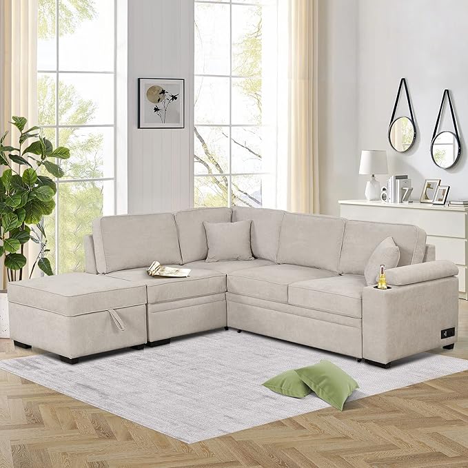 Ball & Cast 84" Convertible Sectional Sofa Bed,L-Shaped Sleeper Couch w/Storage Ottoman,Cup Holder and Charging Stations,Put Out Sofas w/Chaise,for Living Room and Small Apartment,Beige