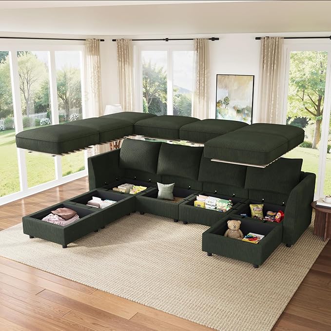 HONBAY Modular Sofa U Shaped Sectional Couch with Storage, Convertible Modular Sofa 7 Seats Sectional for Living Room - Green