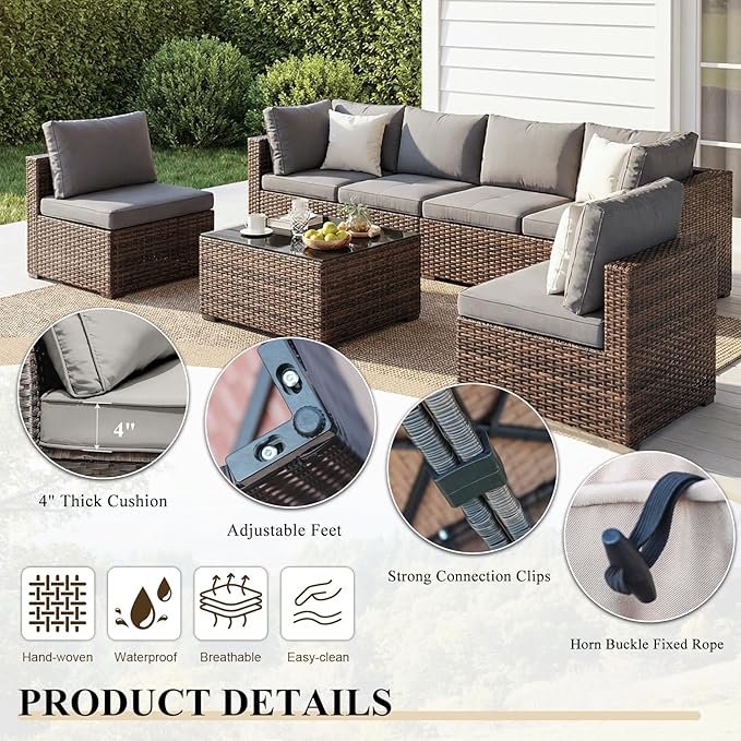 9 Piece Patio Furniture Set All Weather PE Rattan Outdoor Sectional Sofa Couch with No-Slip Cushions and Glass Top Table for Garden, Poolside, Backyard (Gray)