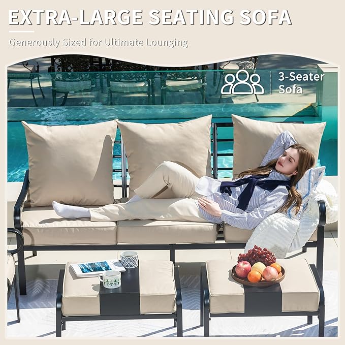 7 Piece Patio Furniture Set, Metal Patio Conversation Set with 1x3 Seater Sofa & 2xFixed Chairs & 2xSwivel Chairs & 2xOttomans, 5.75'' Extra Thick Cushion for Lawn Garden Backyard, Beige