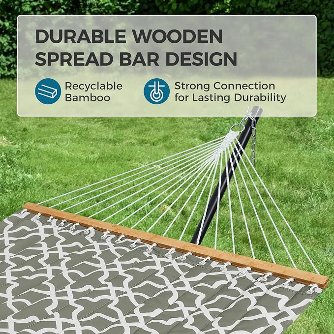SUPERJARE Hammock with Stand, 2 Person Quilted Outdoor Hammock, Detachable Pillow & Bamboo Spreaders, Portable with Carrying Bag, Heavy Duty Stand, Perfect for Outside, Patio, Grey with White Flower - Image 7