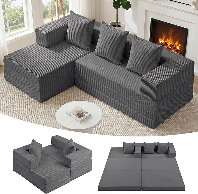 Modular Sectional Sofa, Boneless Convertible Oversized Sleeper Sofa Bed, Modern Tri-Folding Cloud Couch with L-Shape Chaise, Corduroy Futon Couches for Living Room Small Spaces Apartment,No Assembly