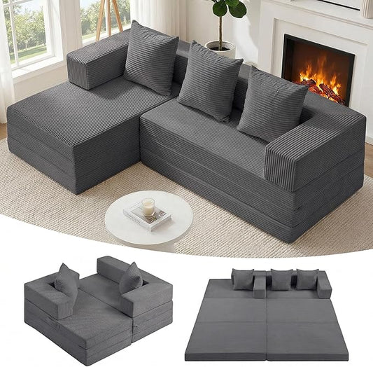 Modular Sectional Sofa, Boneless Convertible Oversized Sleeper Sofa Bed, Modern Tri-Folding Cloud Couch with L-Shape Chaise, Corduroy Futon Couches for Living Room Small Spaces Apartment,No Assembly