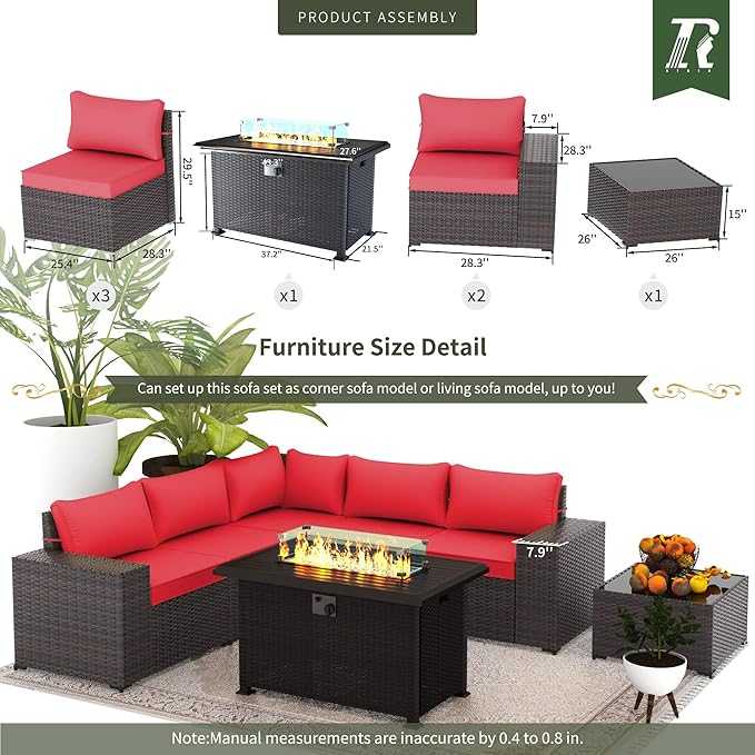 7 PCS Outdoor Patio Furniture Set,Outdoor Sectional Furniture with 43" 55000 BTU Gas Propane Fire Pit Table,All Weather PE Rattan Wicker Patio Conversation Set,Red