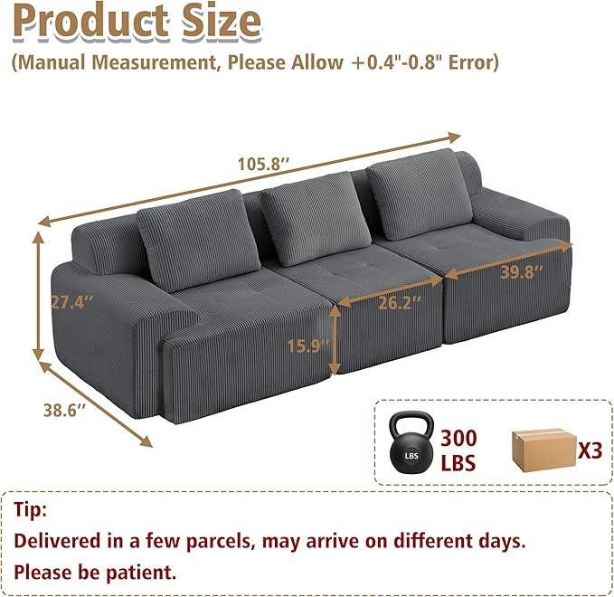 KIGOTY Modular Sectional Sofa, 3 PCS Comfy Cloud Sectional Couch with Deep Seat, Corner Sofas, Modern Boneless Couch for Living Room, No Assembly Required,Grey