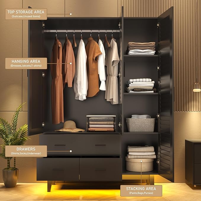 Hlivelood 3 Door Armoire Wardrobe Closet Cabinet with Drawers and LED Lights, Multi-Tier Shelves, Hanging Rod & 3 Louver Doors, Large Capacity Storage Wardrobe Armoire for Bedroom, Black