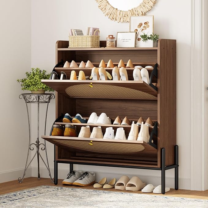 IRONCK Shoe Cabinet Storage with 2 Flip Drawers, Free Standing Wooden Shoe Storage Organizer Cabinet with Rattan Doors for Entryway, Narrow Shoe Rack Cabinet, Walnut - Image 2