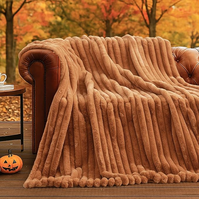 Amélie Home Faux Fur Throw Blanket for Couch, Cozy Fuzzy Fluffy Fur Luxurious Soft Striped Plush Gift Blankets for Family Sofa Chair Bedroom, 55"x70", Orange Brown