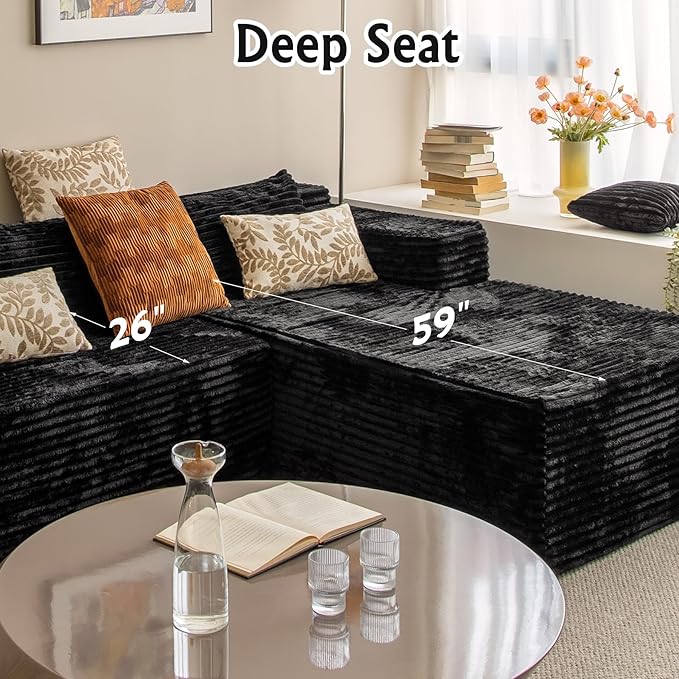 Black sectional couches for Living Room Corduroy Couch，104" Cloud Sectional Couch with L-Shape Chaise， Modern Modular Sofa, Deep Seat Comfort, No Assembly Required(Plush Corduroy Fabric)