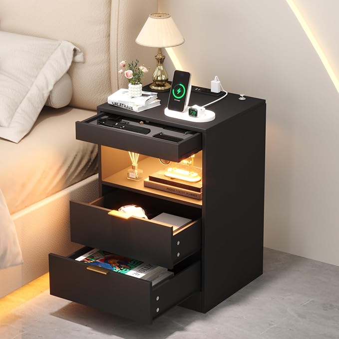 Yusong Night Stand with Gun Drawer & Invisible Lock, Bedside Table, LED Nightstand with Charging Station, Modern Night Stand, Wood Sofa Couch End Side Table with 2 Pull-Out Shelf (Black 002) - Image 8