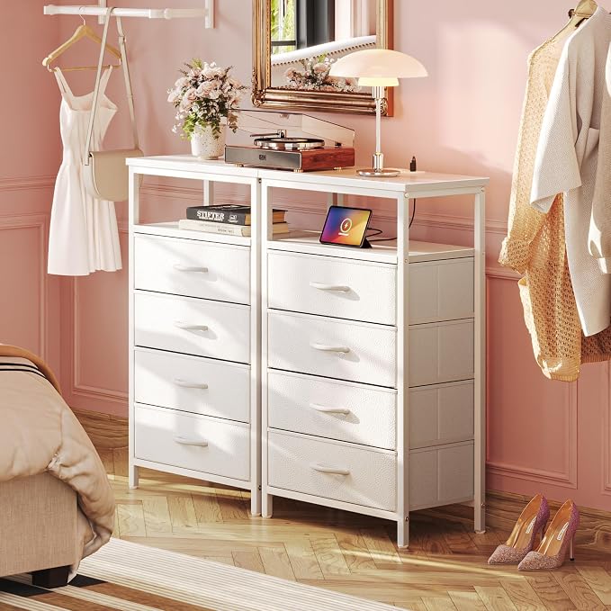 Huuger Night Stand with Charging Station, Multiple Drawer Dresser for Bedroom, Bedside Table, Tall Nightstand with PU Leather Finish, Open Shelf, End Table, for Closet, Entryway, Bedroom, White - Image 7