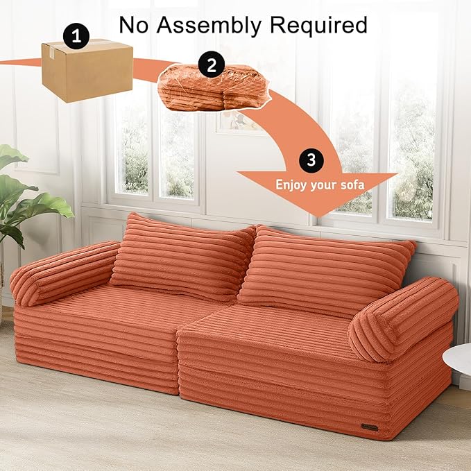 MeMoreCool Convertible Sofa Bed, Folding Floor Couch Bed Queen, Pull Out Sleeper Couch with Pillows, Fold Out Futon Sofa for Bedroom Living Room Small Space, Corduroy Orange