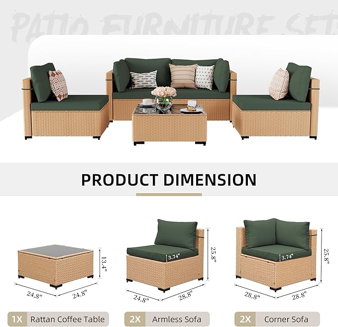 UPHA 5 Pieces Patio Furniture Sets, Wicker Outdoor Sectional Sofa Couch with Coffee Table, Patio Conversation Set for Deck Backyard Garden, Beige Rattan, Pine Green Cushion
